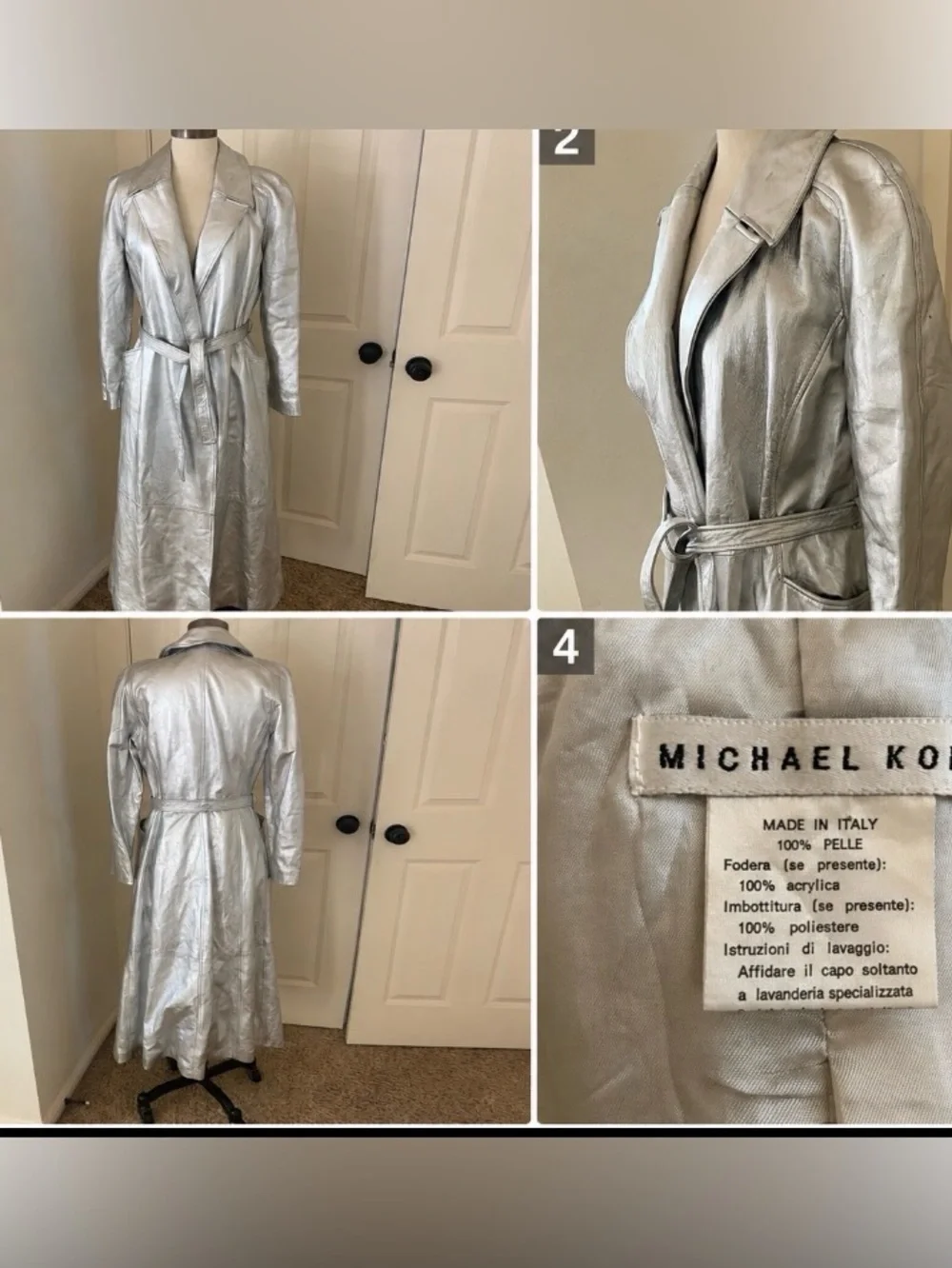 Michael Kors Silver Metallic Leather trench coat.  Size 8